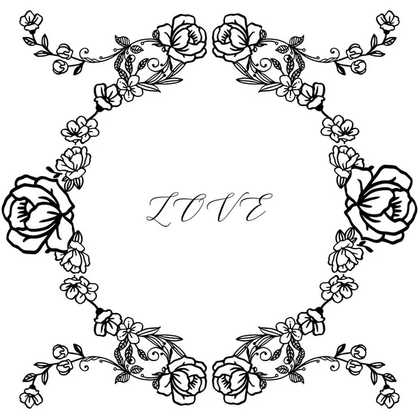 El yazısı yazı aşk, çeşitli şekil yaprak çiçek çerçeve ile, siyah ve beyaz renklerde. Vektör
