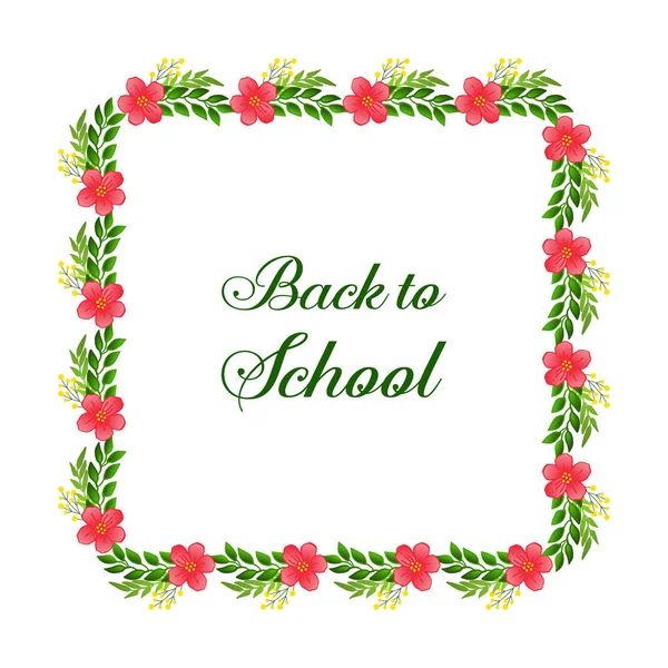 Letras de la tarjeta de vuelta a la escuela con bandera blanca y marco floral de hoja verde. Vector — Vector de stock