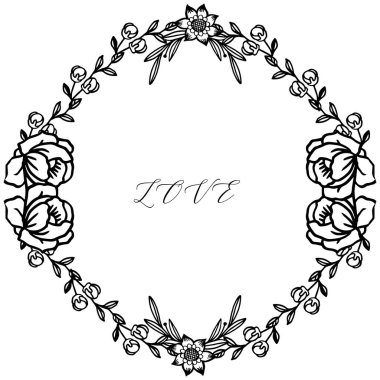 El yazısı yazı aşk, çeşitli şekil yaprak çiçek çerçeve ile, siyah ve beyaz renklerde. Vektör