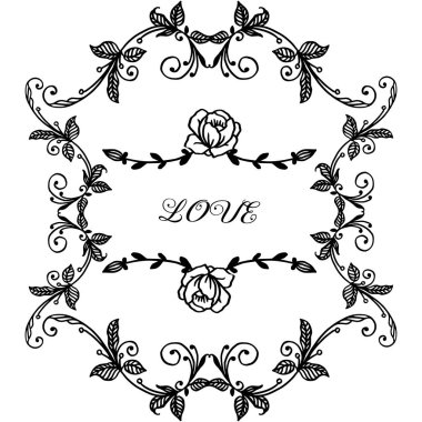 Siyah beyaz çizgi sanatı, çiçek çerçeve, aşk davetiye kartı ile çizim ve kroki. Vektör