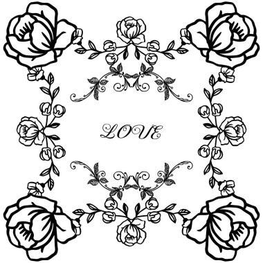 Siyah beyaz çizgi sanatı, çiçek çerçeve, aşk davetiye kartı ile çizim ve kroki. Vektör