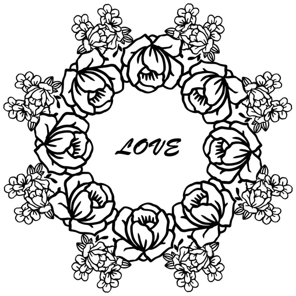 Vários ornamentados de armação de amor de cartão, frase romântica em borda de flor rosa. Vetor — Vetor de Stock
