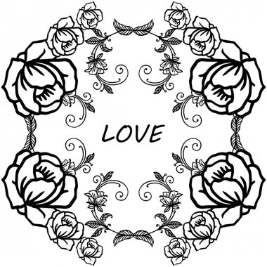 Grafik tasarım yeşillik çelenk çerçeve, siyah ve beyaz renklerde, kart sevgi süslü için. Vektör