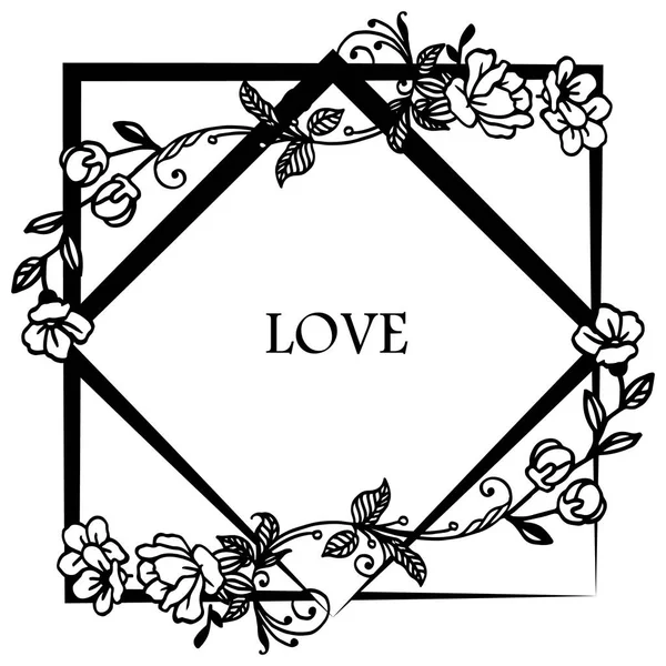 Drawing of leaf wreath frame on white backdrop, template for greeting card of love. Vector