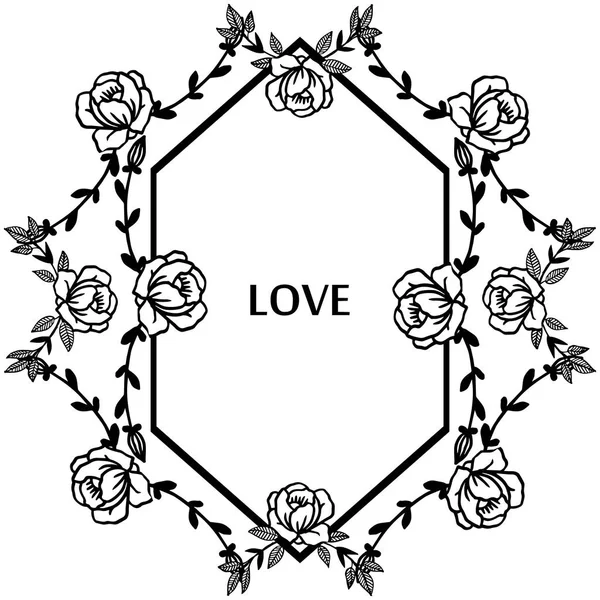 Amor mão desenhada lettering texto em vários moldura forma, com flor de rosa. Vetor — Vetor de Stock