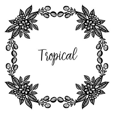 Güzel siyah beyaz çiçek çerçevesi ile tropikal kart şablonu. Vektör
