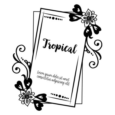 Sevimli tasarım, tropikal harfler, kart şablonu ile Çelenk çerçeve. Vektör