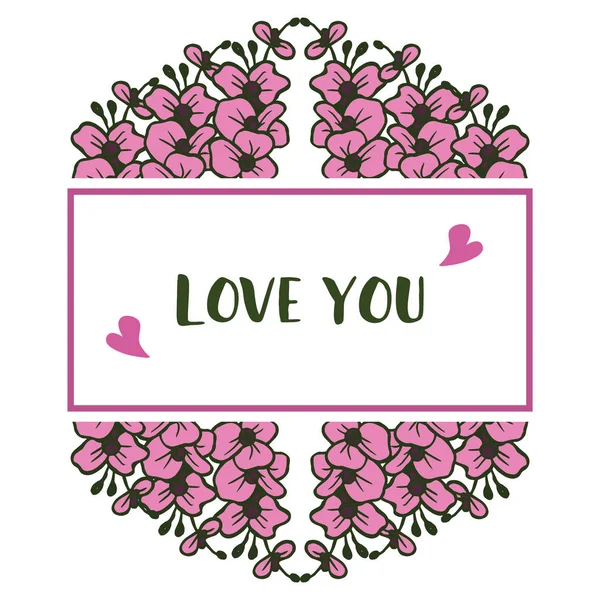 Diseño marco único, con flores de color rosa, para la tarjeta romántica de texto te amo. Vector — Vector de stock