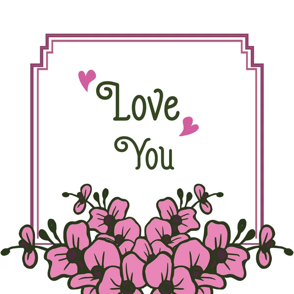 Banner ornamentado com letras de amor você, moldura de flor bonito rosa. Vetor — Vetor de Stock