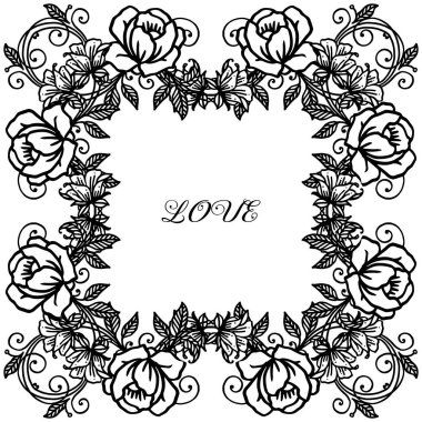 Afiş veya kart aşk için yaprak ve gül çiçeği çerçeve çeşitli kalabalık bitki. Vektör