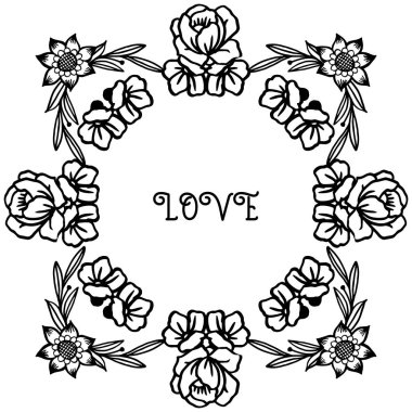 Kart aşk romantik, çiçek çerçeve zarif desen li, siyah ve beyaz renklerde. Vektör