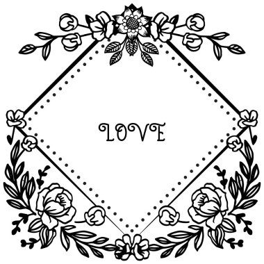 Kart aşk romantik, çiçek çerçeve zarif desen li, siyah ve beyaz renklerde. Vektör