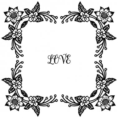 Siyah beyaz renkli, süs yaprağı çiçek çerçeve ile Aşk kavramı. Vektör