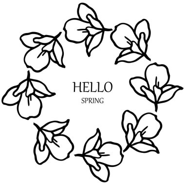 Tebrik kartı merhaba bahar, çiçek çerçeve dekorasyon desenli. Vektör