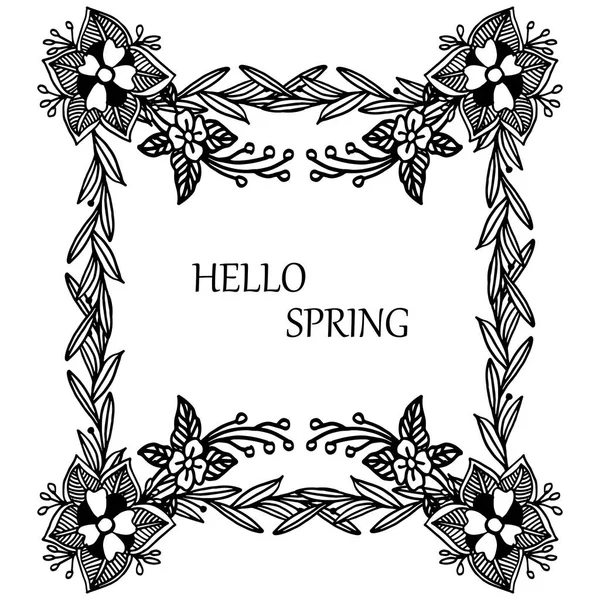Hola texto de primavera con hojas de elemento y marco floral. Vector — Vector de stock