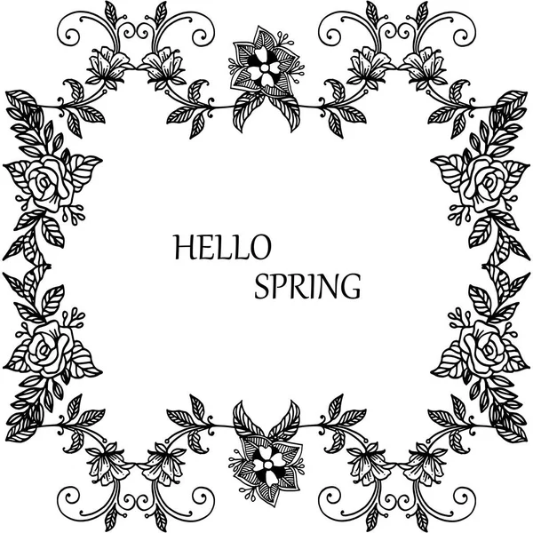 Hola texto de primavera con hojas de elemento y marco floral. Vector — Vector de stock