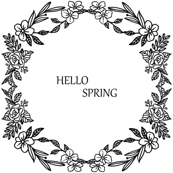 Olá texto de primavera com folhas de elemento e moldura floral. Vetor — Vetor de Stock
