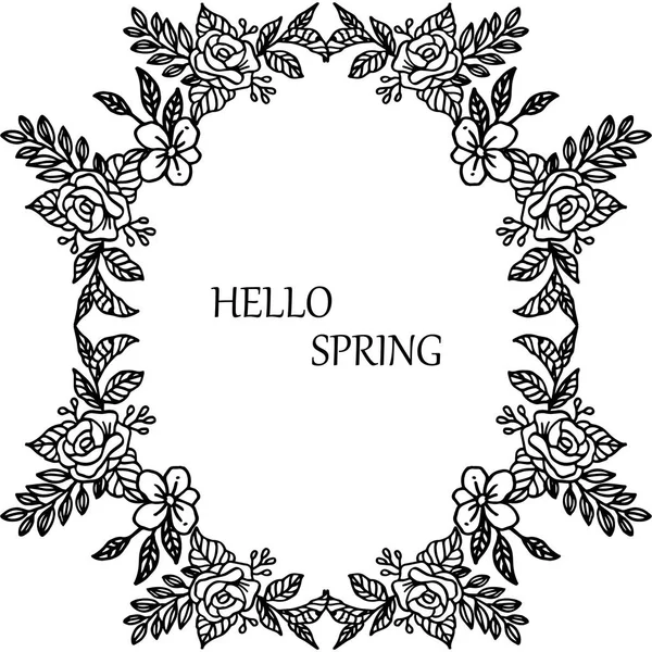 Bonjour texte de printemps avec des feuilles d'élément et cadre floral. Vecteur — Image vectorielle