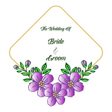Düğün davetiye kartı, gelin ve damat, mor çiçek çerçeve süslü ile. Vektör