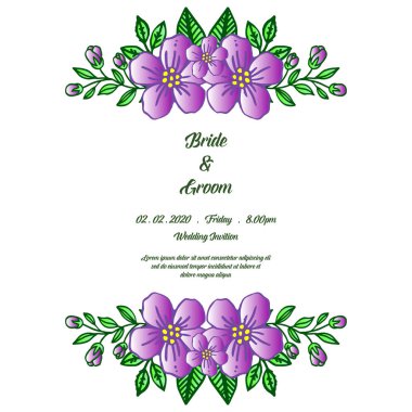 Düğün davetiye kartı, gelin ve damat, mor çiçek çerçeve süslü ile. Vektör