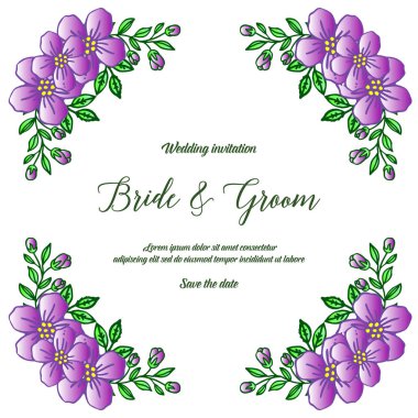 Retro tarzı mor çiçek çerçeve davet kartı gelin ve damat için tasarım şablonu. Vektör