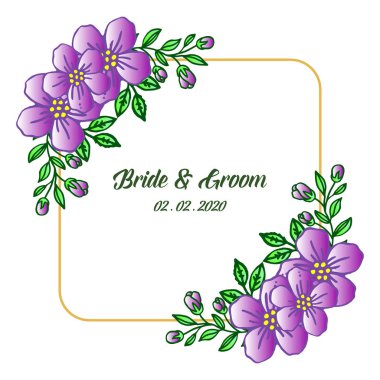 Retro tarzı mor çiçek çerçeve davet kartı gelin ve damat için tasarım şablonu. Vektör
