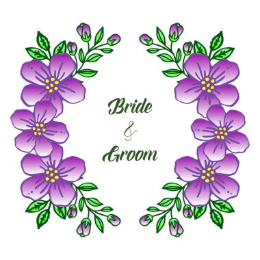 Retro tarzı mor çiçek çerçeve davet kartı gelin ve damat için tasarım şablonu. Vektör
