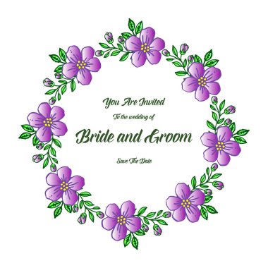 Grafik yeşil yaprakları ve mor çelenk çerçeve, kart gelin ve damat tarzı tasarımı için. Vektör