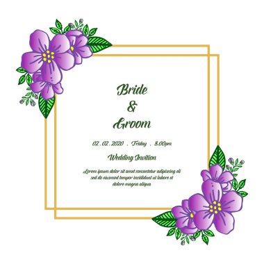 Mor çelenk çerçeve sanatı ile gelin ve damat için düğün davetiyesi şablonu. Vektör