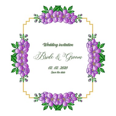Resim tasarım kart gelin ve damat süslü için mor çiçek çerçeve. Vektör