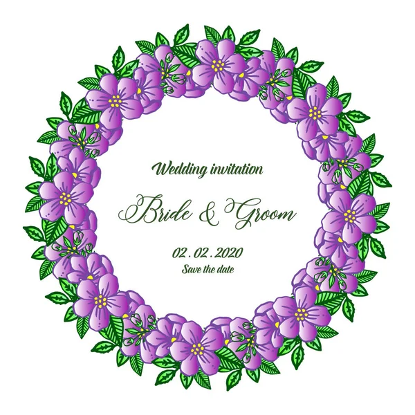 Hochzeitskarte für Braut und Bräutigam, mit einem süßen lila Blumengestell. Vektor — Stockvektor