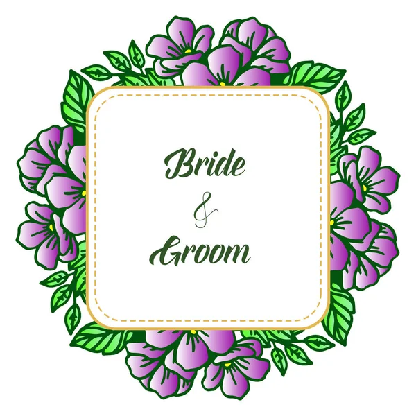 Grafik grüne Blätter und lila Kranzrahmen, für stilvolles Design der Karte Braut und Bräutigam. Vektor — Stockvektor