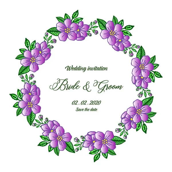 Vorlage der Hochzeitseinladung für Braut und Bräutigam, mit Kunst des lila Kranzrahmens. Vektor — Stockvektor