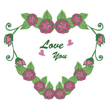 Gül pembesi çiçekli güzel bir çerçeve, seni sevmek için el yazısı. Vektör
