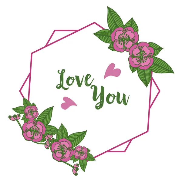Écrire de l'amour vous, style rétro romantique, avec cadre de fleur de feuille de la nature. Vecteur — Image vectorielle