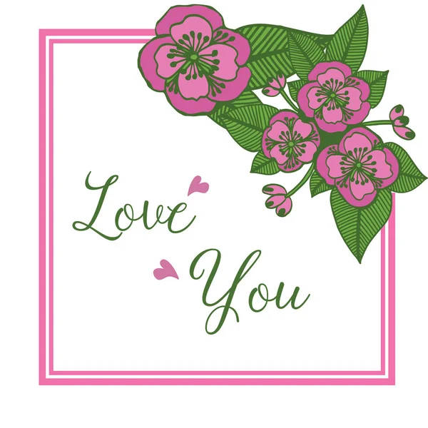 Σχεδιάστε κομψό της κάρτας σας αγαπώ, με πράσινα φυλλώδη floral καρέ ανθίζει. Διάνυσμα — Διανυσματικό Αρχείο