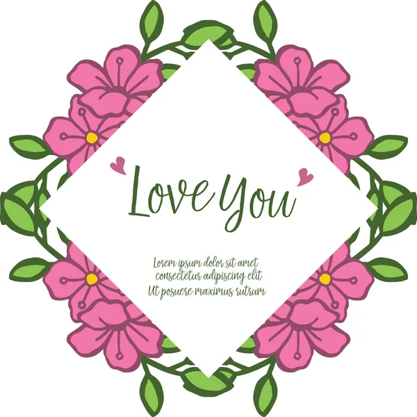 Carte calligraphique vous aime, place pour le texte, avec des feuilles vertes et un cadre floral rose. Vecteur — Image vectorielle