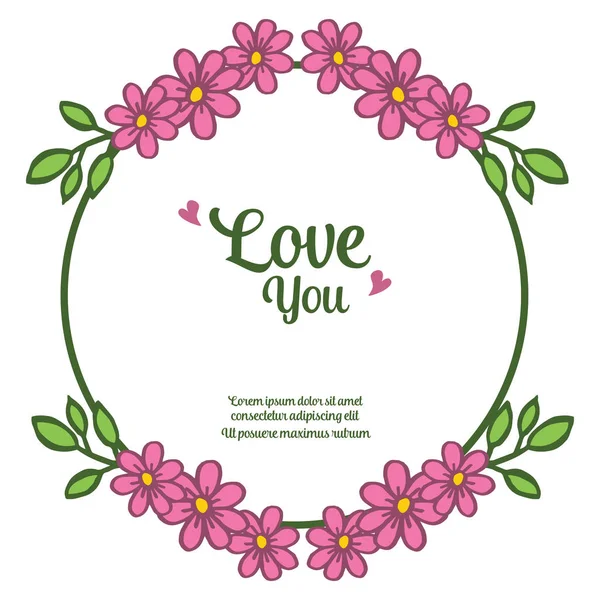 カードのレタリングはあなたを愛し、葉の花の背景を持つフレームの装飾。ベクトル — ストックベクタ