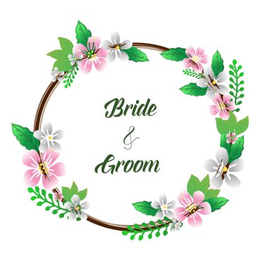 Sanat tasarımı renkli çiçek çerçeve ile gelin ve damat, yazı metni. Vektör