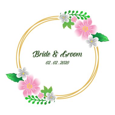 Sanat tasarımı renkli çiçek çerçeve ile gelin ve damat, yazı metni. Vektör