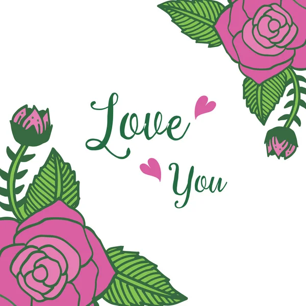 Decorativo di biglietto di auguri ti amo con il concetto di design viola rosa fiore cornici fioriture. Vettore — Vettoriale Stock