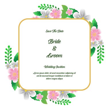 Afiş veya poster gelin ve damat, tasarım elemanı renkli çiçek çerçeve ile. Vektör