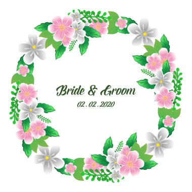 Dekor renkli çelenk çerçeve ile kart basit gelin ve damat için romantik düğün. Vektör