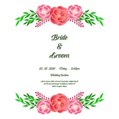 Düğün romantik davetiye, tebrik kartı gelin ve damat, duvar kağıdı güzel gül çiçek çerçeve ile. Vektör