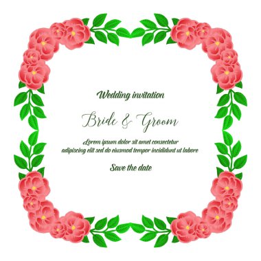 Tasarım düğün davetiyesi, gelin ve damat kartı yazı, doku yeşil yaprakları ve gül çiçek çerçeve ile. Vektör