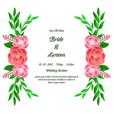 Parlak yeşil yapraklı çiçek çerçeve ile tarih kartı, gelin ve damat yazı kaydedin. Vektör