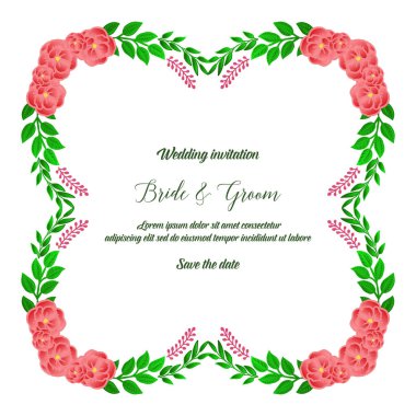 Kart gelin ve damat dekorasyonu için çeşitli şekil yeşil yapraklı çiçek çerçeve. Vektör