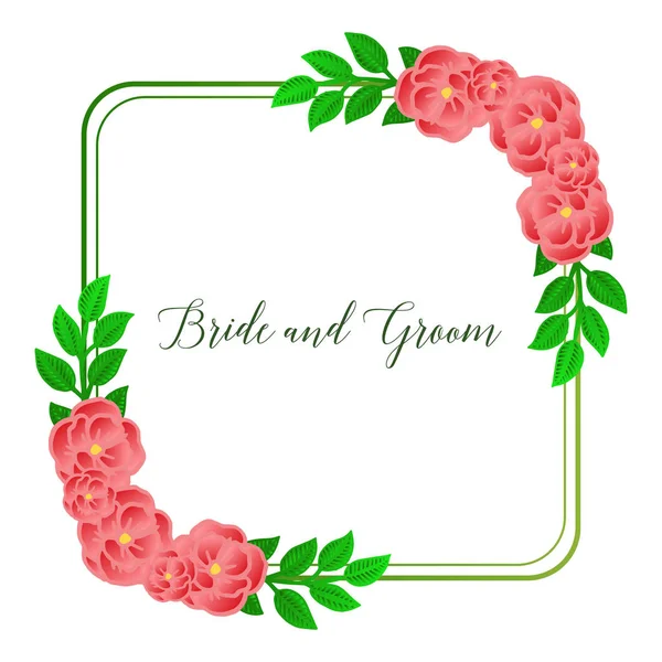 Σχεδίαση πρόσκληση γάμου, για τη νύφη και τον γαμπρό γράμματα κάρτα, με την υφή πράσινα φύλλα και τριαντάφυλλο λουλούδι πλαίσιο. Διάνυσμα — Διανυσματικό Αρχείο