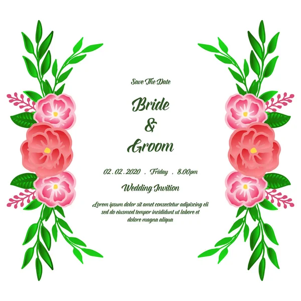 Save the date card, lettering of bride and groom, with bright green leafy floral frame. Vector — Stock Vector