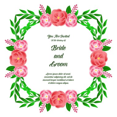 Yeşil yapraklı çiçek çerçeve ile çeşitli kart gelin ve damat şablonu için Retro düğün davetiyesi. Vektör